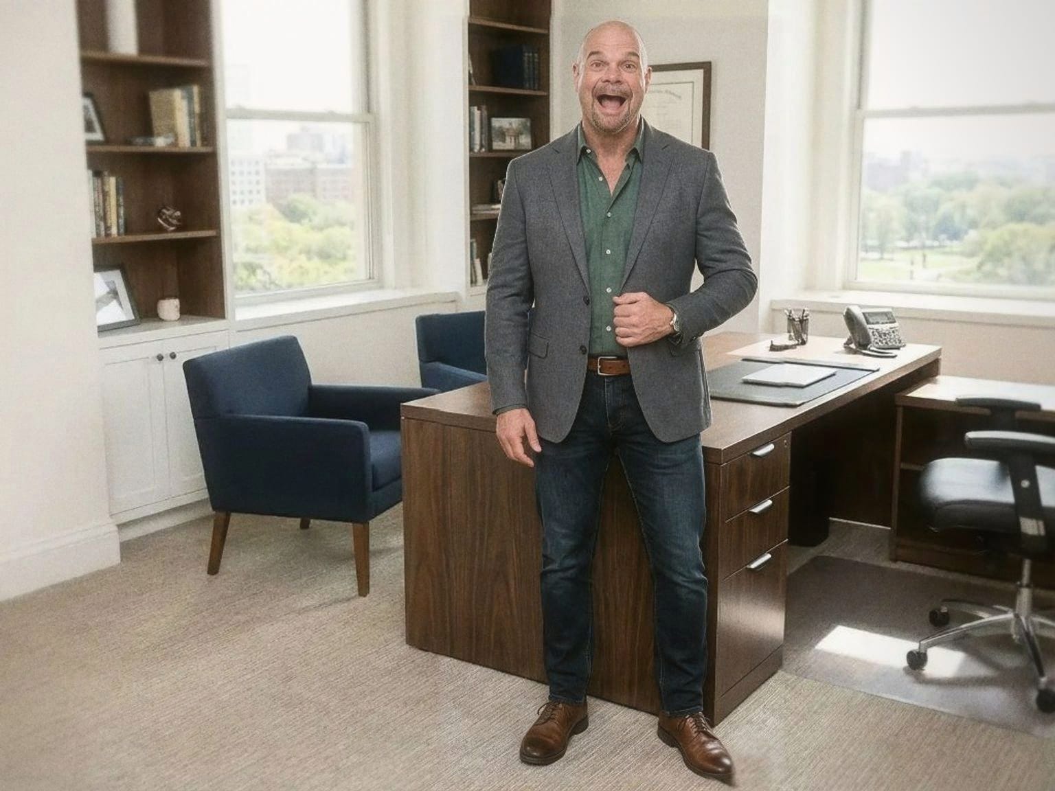 Dean Eric Smith standing at the desk in his office, mid-laugh